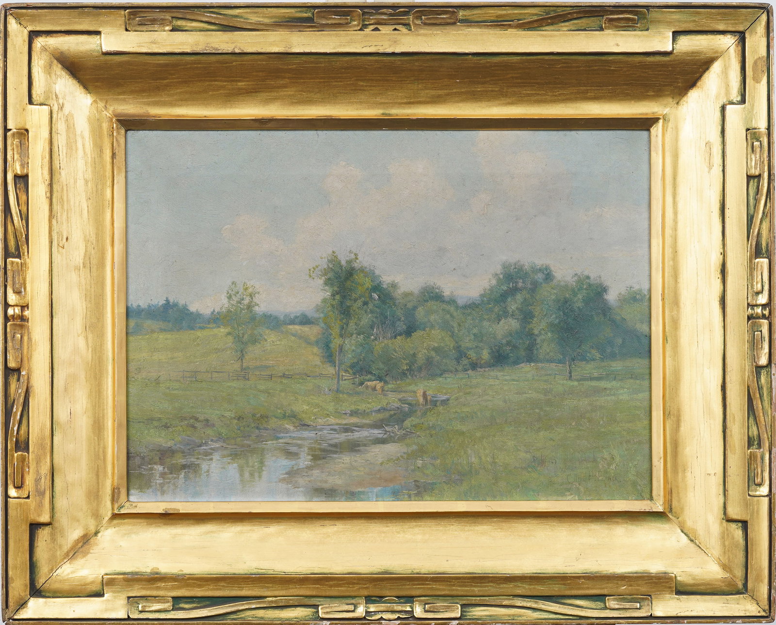 Olive Black (1868-1948) Antique American Female Impressionist Landscape Painting JH Miller Frame: Antique American oil painting landscape by Olive Parker Black (1868 - 1948. Oil on canvas. Signed. Framed in a period JH Miller gold gilt impressionist frame. Measuring: 22 by 28 inches overall, and 1