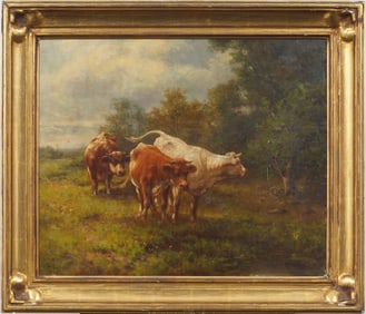 Large Antique American Cow Grazing Hudson Valley Landscape Giltwood Framed Original Oil Painting