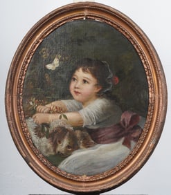 Antique American or European Young Girl With Dog and Butterfly Portrait Framed Original Oil Painting