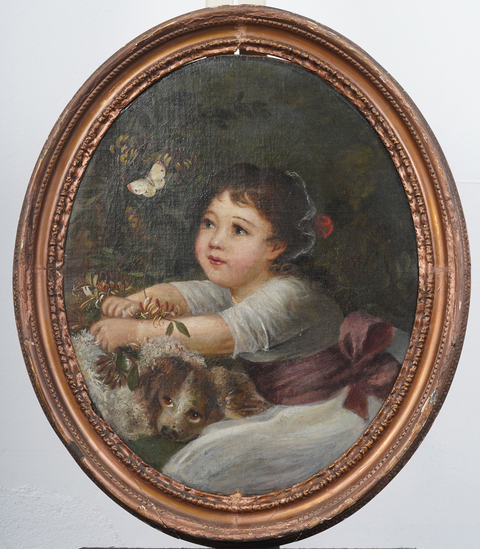 Antique American or European Young Girl With Dog and Butterfly Portrait Framed Original Oil Painting: Antique American or European portrait oil painting. Oil on canvas. Framed. Measuring: 29 by 24 inches overall, and 24 by 19 painting alone. Please see all images for condition. Size is measured and wr