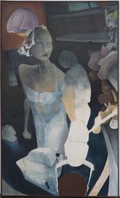 Vintage American Modernist Large Surreal Woman Portrait Framed Original Oil Painting