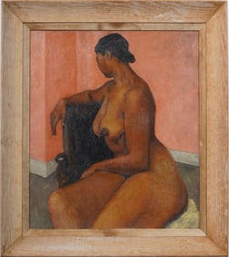 Vintage American Modernist Nude Black Woman Portrait Interior Scene Framed Original Oil Painting