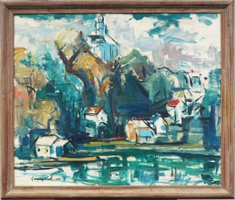 Gregory Poole Vintage Signed American Original Oil Painting Northeast Town