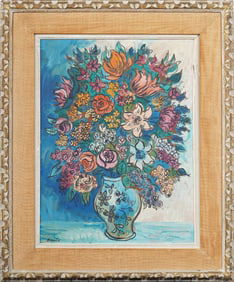 Vintage American School Modernist Framed Flower Still Life Signed Original Oil Painting