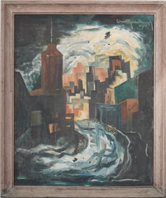 Vintage American School Modernist Cityscape Framed Signed Original Oil Painting