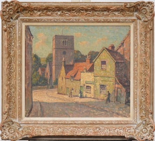 Vintage European Impressionist Town Street Scene Nicely Framed Original Oil Painting