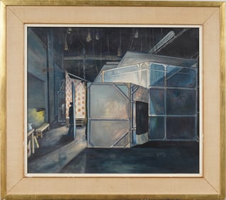Vintage American Modernist Stage Design Hollywood Set Framed Signed Original Oil Painting