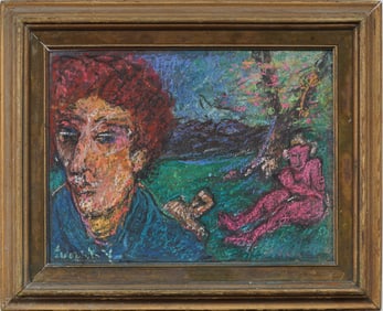 Signed Mixed Media Outsider Art Framed "Red Head, Red Body" Abstract Painting