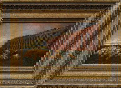Antique Italian Impressionist Sheep Grazing Giltwood Framed Landscape Original Oil Painting