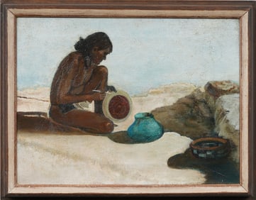 Vintage American New Mexican Taos School Native Portrait Framed Original Oil Painting