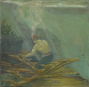 Ultra Rare Vintage American Underwater Sea Diver Signed Impressionist Original Oil Painting