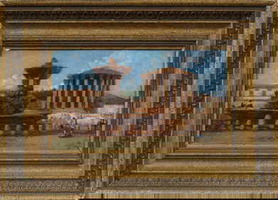 Antique Italian Impressionist Town Center Fountain Scene Roman Ruins Framed Original Oil Painting