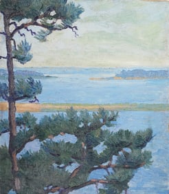 "The Lone Pine" Vintage American Impressionist Coastal Seascape Original Landscape Oil Painting