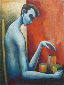 Wallace Michael Large Signed Vintage American Modernist Male Portrait MCM Original Oil Painting