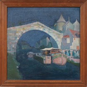 Antique or Vintage European Nocturnal Town Scene Boats and Night Original Figurative Oil Painting