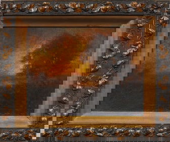 Antique American School Blazing Sunset Monogrammed Landscape Framed Original Oil Painting