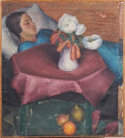 Vintage French Impressionist Sleeping Woman Portrait Large Original Framed Oil Painting