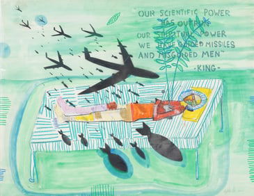 Vintage Signed Outsider Art War Scene Modernist Painting