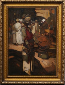 Antique Orientalist Town View with Figure Architectural Impressionist Framed Original Oil Painting
