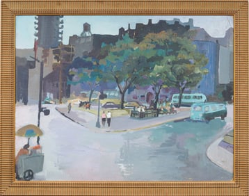 Vintage New York City Modernist Street Scene American LARGE Framed Original Oil Painting