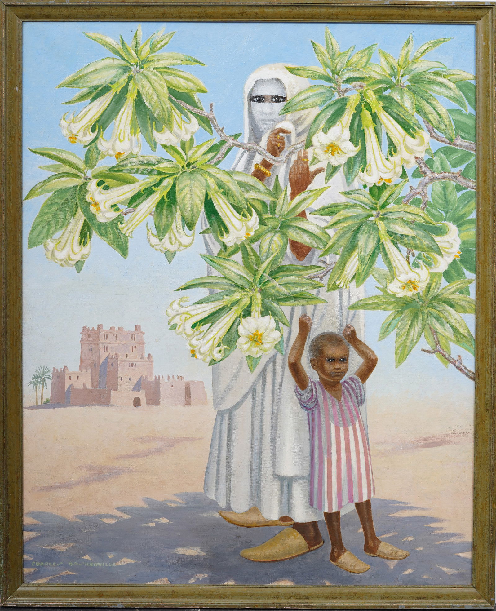 Charles Baskerville, Jr. (1896 - 1994) Vintage Portrait Orientalist Moroccan Landscape Oil Painting: Vintage American modernist oil painting by Charles Baskerville, Jr. (1896 - 1994). Featured in the collection of H.F. Johnson Museum of Art, Cornell U. Oil on canvas. Signed. Framed. Measuring: 43 by