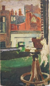 Vintage American Modernist Rooftop Cityscape Original Oil Painting