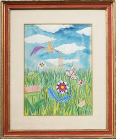 Henri Hecht Maik (1922-1993) Vintage French Modernist Bird Portrait Landscape Signed Painting