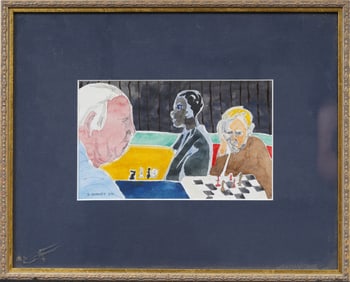 Vintage Watercolor of Men Playing Chess Signed "E. Barnes" with Spiral Gallery Label