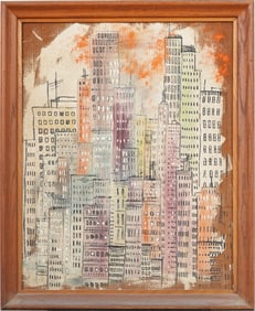 Vintage American Modernist Framed Cityscape Original Oil Painting
