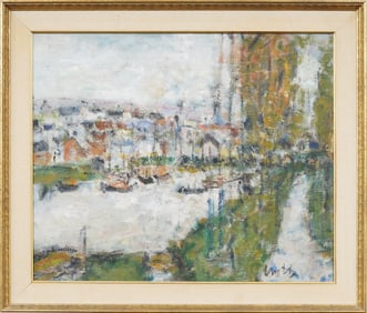 Vintage French Impressionist Framed Seascape Signed Town View Original Oil Painting