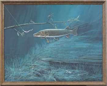 John Gromosiak Signed Vintage American School Sporting Art Pike Fish Seascape Oil Painting