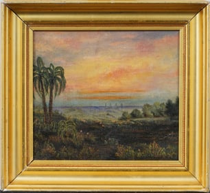 Vintage American or European School Impressionist Sunset Palm Tree Landscape Original Oil Painting