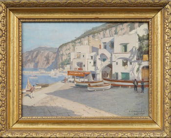 Signed Vintage Italian Impressionist Capri Island Framed Town Scene Oil Painting