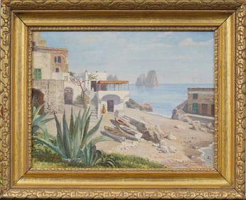 Signed Vintage Italian Impressionist Capri Island Framed Town Scene Oil Painting