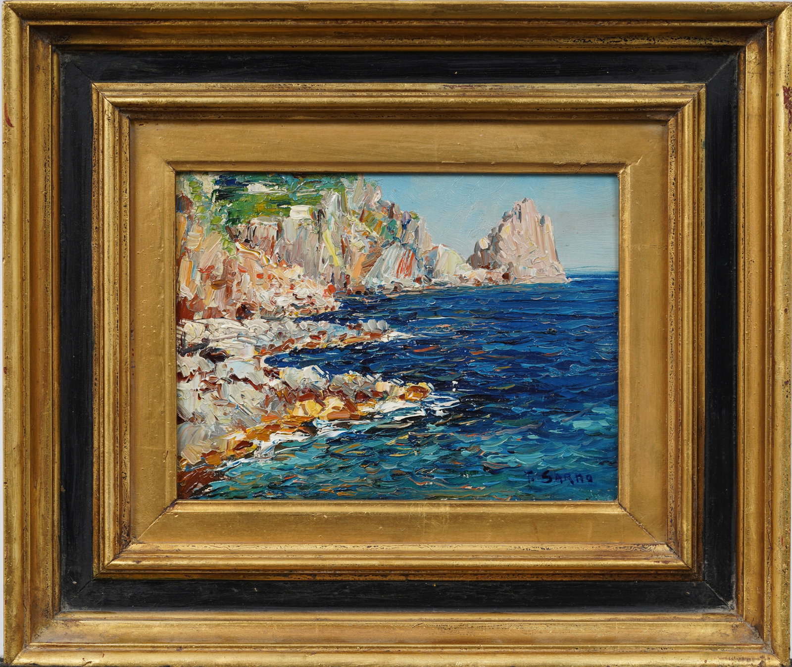 Vintage Italian Impressionist Capri Rocks Seascape Framed Signed Original Oil Painting: Antique Italian impressionist seascape oil painting. Oil on board. Signed. Framed. Measuring: 11 by 13 inches overall, and 6 by 7.75 painting alone. Please see all images for condition. Size is measur