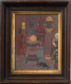 Vintage American School Folk Art Interior Scene Framed Original Oil Painting