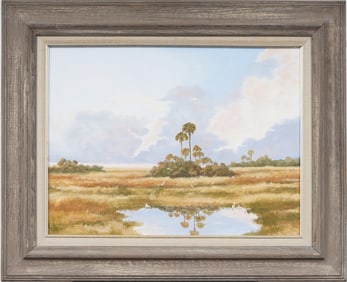 Vintage American School Impressionist Signed Tropical Florida Landscape Framed Original Oil Painting