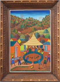 Signed Vintage Haitian Landscape Farm Scene Framed Original Oil Painting