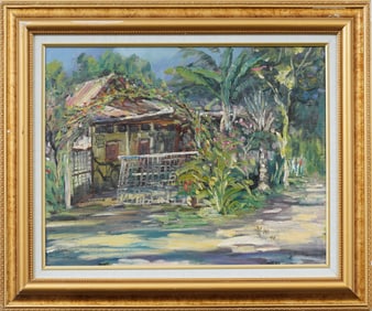 Large Vintage Tropical Impressionist Framed Landscape Signed Original Oil Painting