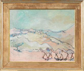 Large Vintage Orientalist Camel Riding Figure Framed Landscape Impressionist Original Oil Painting