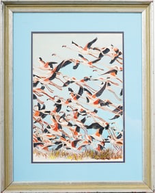 Antique American Modernist Tropical Flamingo Animal Portrait Florida Scene Original Painting