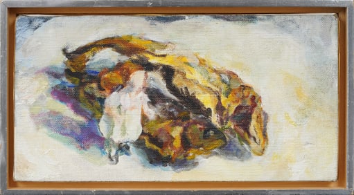 Vintage American Modernist Still Life "Doll with Two Fish" Framed Original Oil Painting