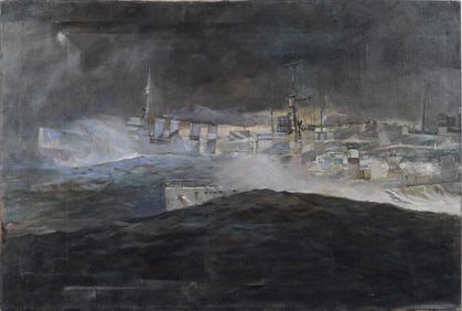 Large American Modernist Nocturnal Seascape Ship Scene Nautical Original Oil Painting