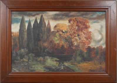 Large Vintage American Impressionist Fall Landscape Framed Original Signed 1936 Oil Painting