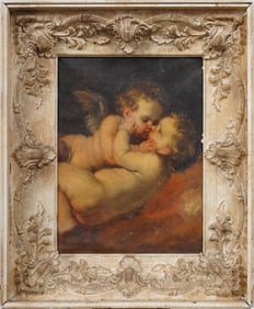 Antique European Cherubs Snuggling Mid Air Framed Original Oil Painting