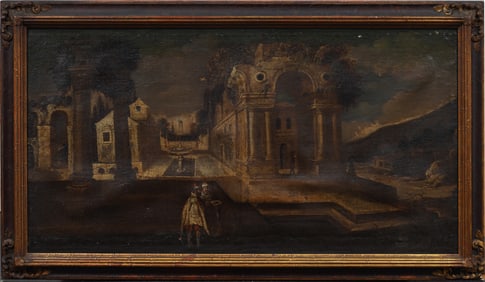 Large Antique European Classical Ruins Landscape Framed Original Oil Painting
