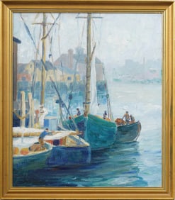 Vintage American Impressionist Framed Seascape Gloucester Fishing Harbor Original Oil Painting