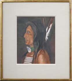 Vintage American School Native American Portrait Framed Original Painting