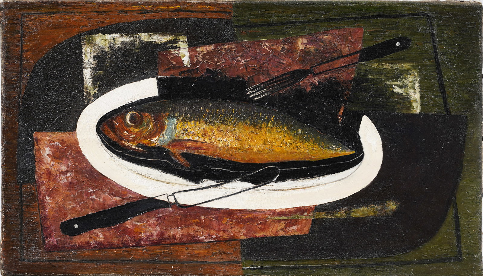 Antique or Vintage American or European Early Modernist Cubist Fish Still Life Oil Painting: Antique American or European still life oil painting. Oil on canvas. Measuring: 10.5 by 18 inches overall. Please see all images for condition. Size is measured and written on the back of the painting