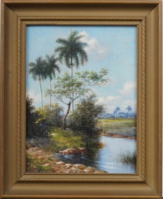 Santa Clara Cuba Antique or Vintage Tropical Framed Landscape Oil Painting ATTR Esteban Chartrand